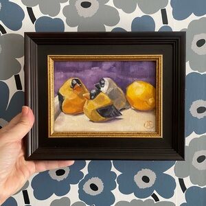 Original oil painting Charming Chunky Bird Art in Black Frame signed 8” by 10”